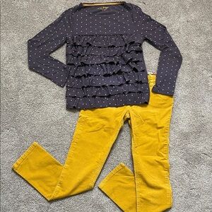 Mini Boden Starry Blue Ruffle Top + Yellow Corduroy Jeans Size 11-12y